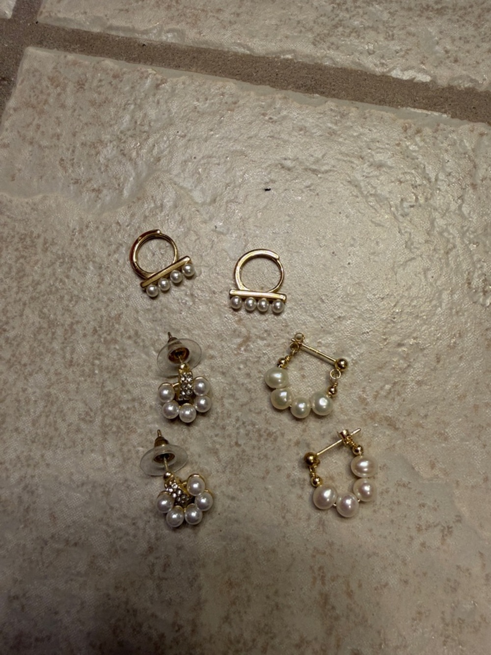 Small Gold Pearl Hoop and Cluster Earring Set - White Pearls